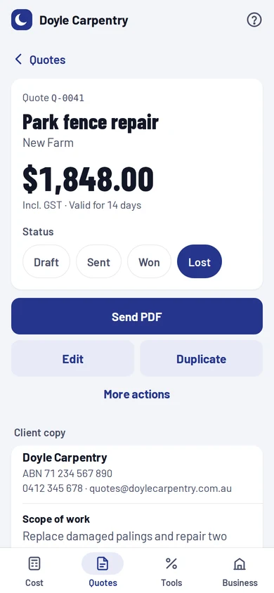 Saved quote detail with the duplicate action ready