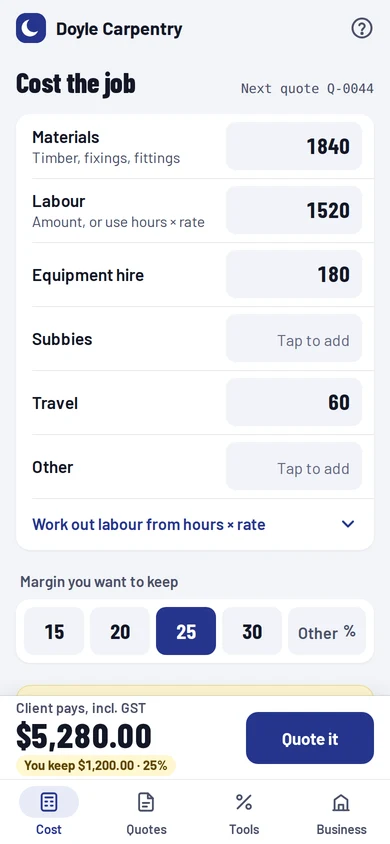 Cost screen showing the private cost, profit and client price together