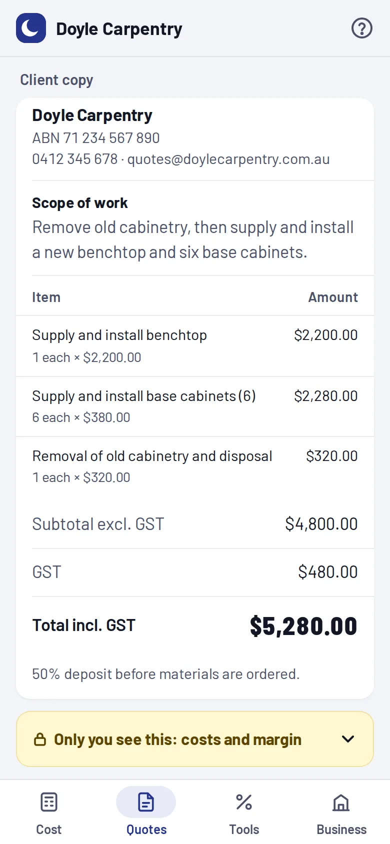 Client copy separated from the private costing copy