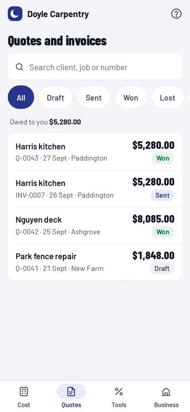 Quote and invoice list showing draft, sent and won statuses